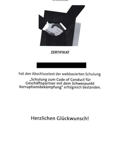 Qualitätsnachweis Zertifikat von der Volkswagen Aktiengesellschaft für die Gebäudereinigungsfirma Ullrich Services Code of Conduct im Schwerpunkt Korruptionsbekämpfung