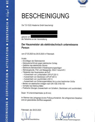 TÜV-Süd Qualifikationsnachweis für Hausmeister als elektronisch erwiesene Person von der Gebäudereinigungsfirma Ullrich Services