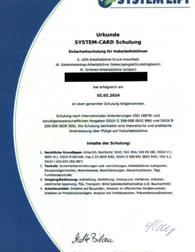 Urkunde System-Card-Schulung für Arbeitsbühnen