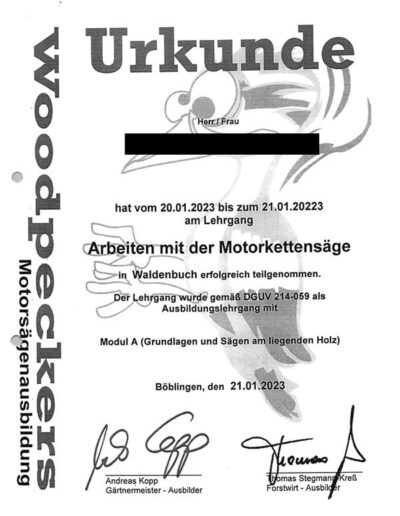 Urkunde für Arbeiten mit der Motorkettensäge am liegenden Holz für Grünanlagenpflege von Ullrich Services