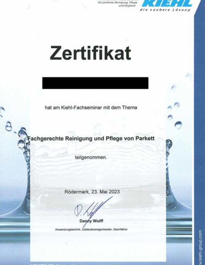Zertifikat für fachgerechte Reinigung und Pflege von Parkett