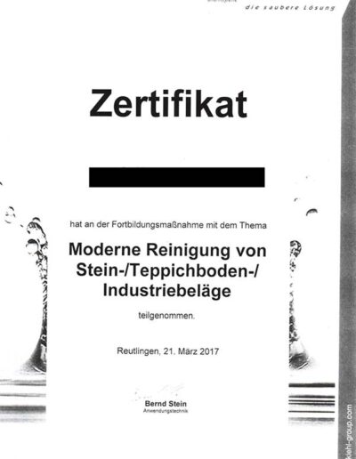 Zertifikat für moderne Stein- und Teppichreinigung und Industriebeläge der Reinigungsfirma Ullrich Services